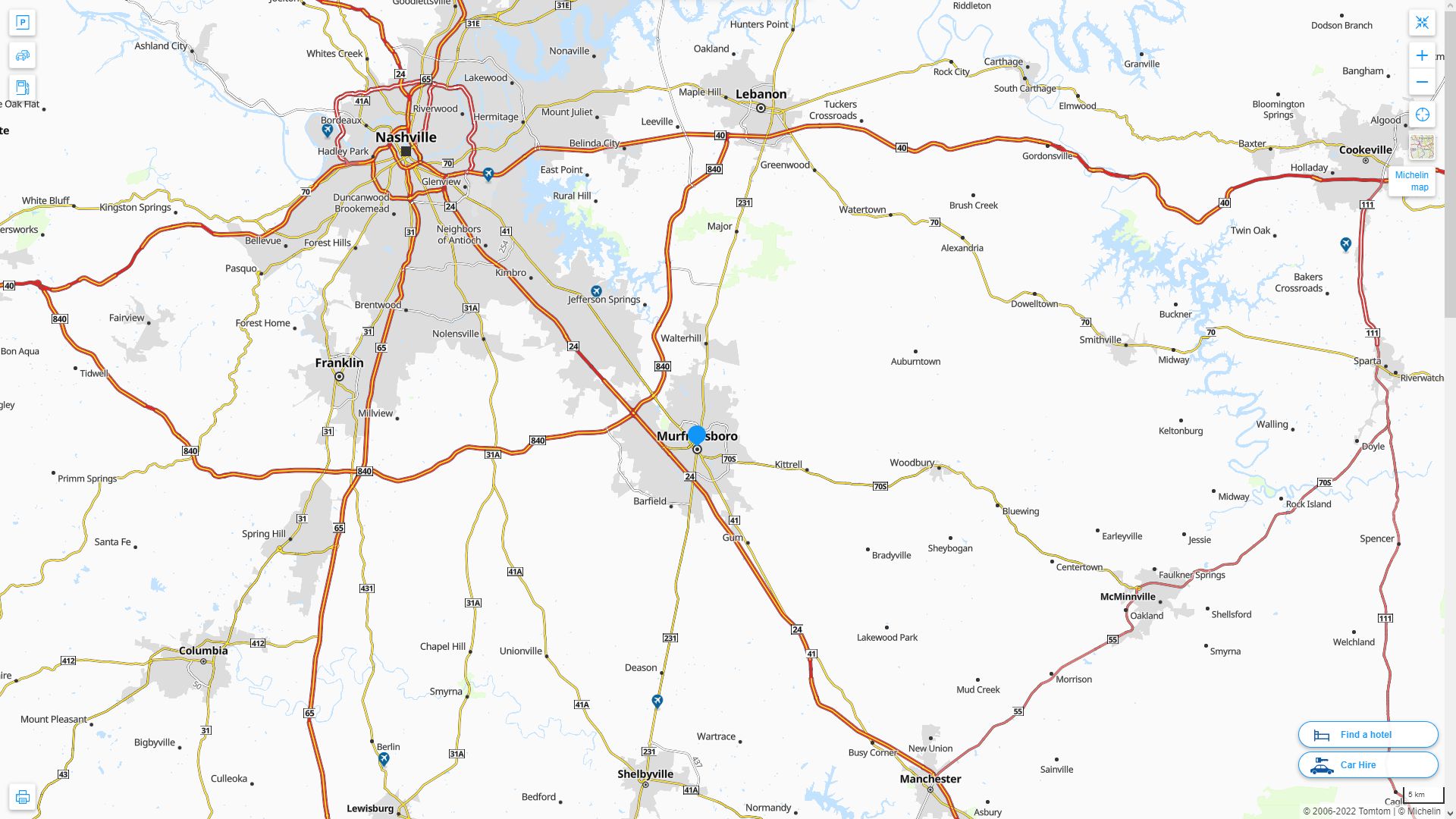 Murfreesboro Tennessee Highway and Road Map